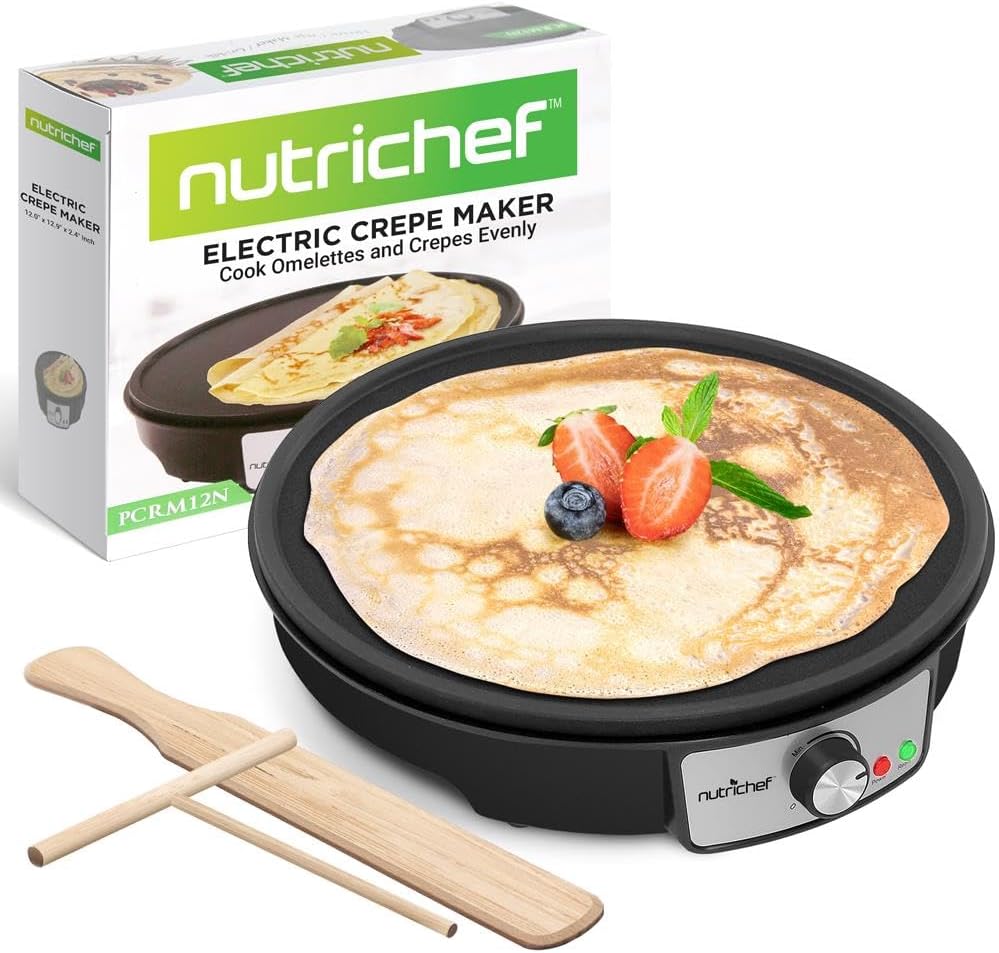 Nutrichef Electric Crepe Maker & Griddle Cooktop - Nonstick 12 Inch Aluminum Hot Plate with LED Indicator Lights & Adjustable Temperature Control - Wooden Spatula & Batter Spreader Included