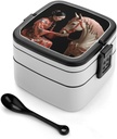 Woman And Horse Bento Box with Compartments Double Layer Bento Lunch Box with Spoon And Handle All-in-One Adult Lunchbox Leakproof Lunch Container for Work Picnic Travel