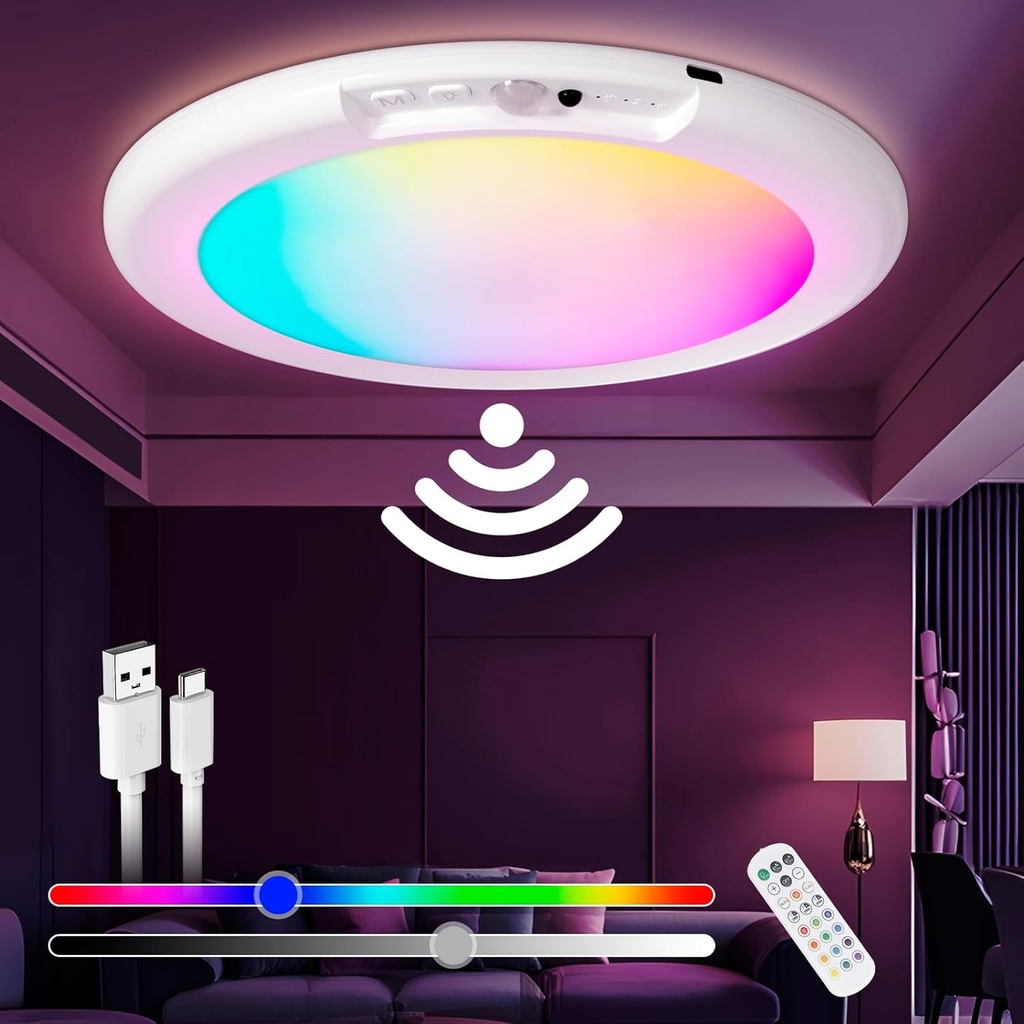 Rechargeable Ceiling Light with Color Changing &White Lights, Shower Light for Inside Shower Battery Operated Closet Light with Remote, Magnetic Motion Sensor Ceiling Lights for Bathroom Porch Pantry