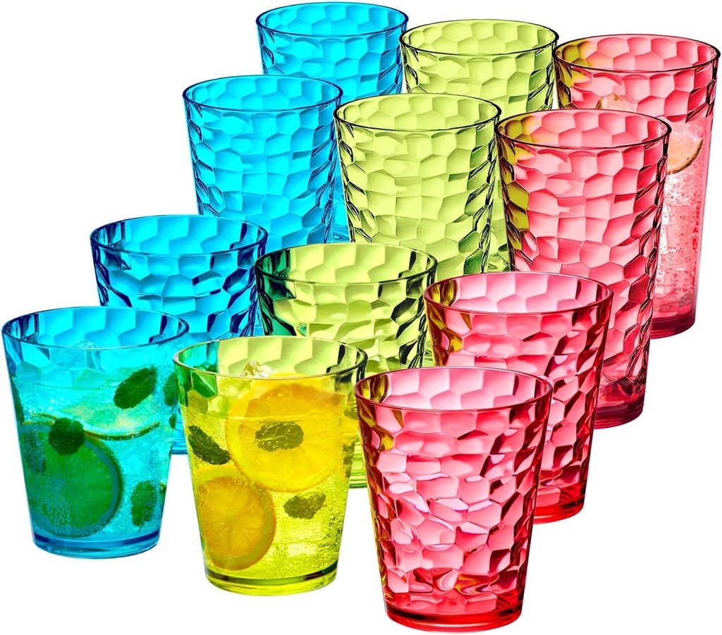 Amazing Abby - Iceberg - 16-Ounce and 24-Ounce Plastic Tumblers (Set of 12), Acrylic Drinking Glasses, Mixed-Color Reusable Plastic Cups, Stackable, BPA-Free, Shatter-Proof, Dishwasher-Safe