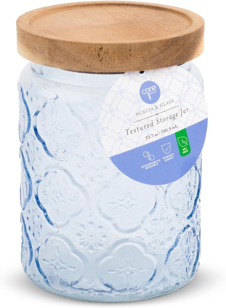 Core Home & Kitchen Textured Trellis Tranquil Blue Storage Jar with Acacia Wooden Lid 23.7 ounce Glass Cannister For Herbs, Spices, Q-Tips, Cotton Balls Kitchen Or Bathroom Essentials