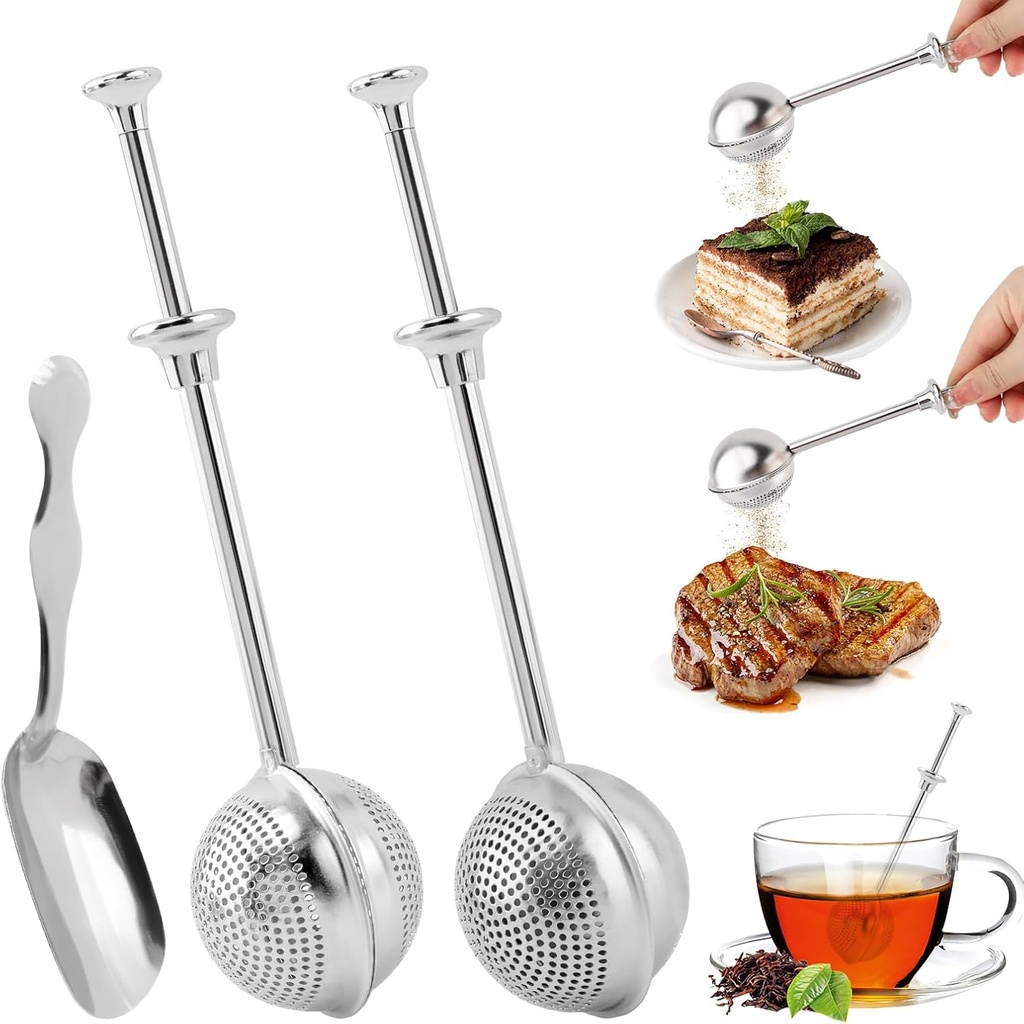 2pcs Powdered Sugar Shaker Duster Flour Dispenser Shaker with 18/8 Stainless Steel Spring-operated Handle Tea Strainer with 1 Scoop Teas Fine Mesh Tea Ball (COLOR:with 1 tea scoop)