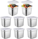 8 Pcs 1/6 Size Hotel Steam Table Pans with Lids, Stainless Steel Food Containers and PP Plastic Covers, Anti-clogging Steamer Pans for Buffet, Catering, Restaurant, and Food Prep(6" Deep)