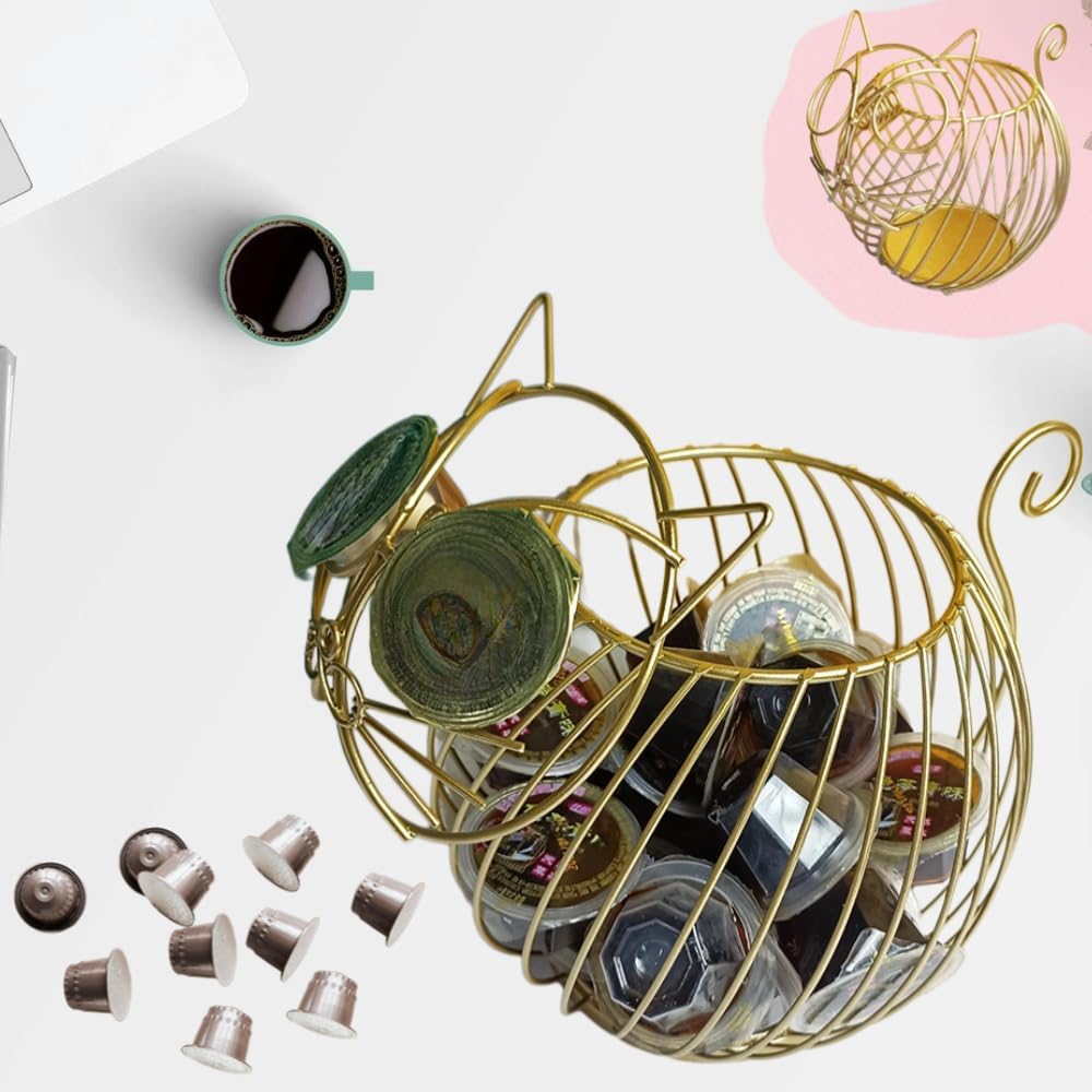Cute Coffee Pod Cat Holder Stand for Counter, Large Capacity Chocolate Pod Organizer, Metal K-Cups Pods Storage Decoration (Gold)