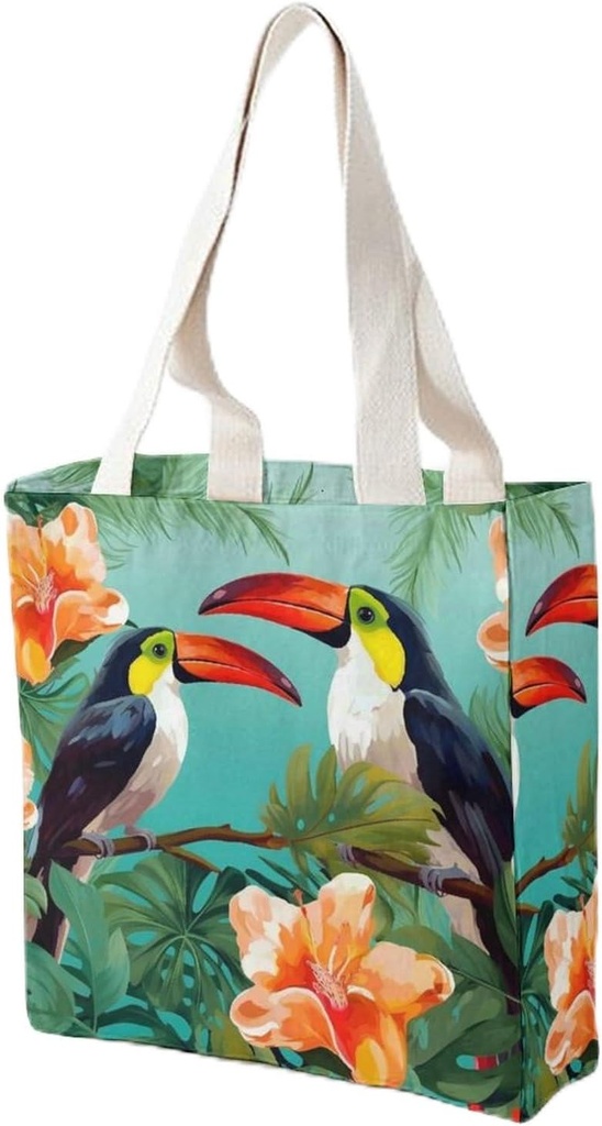 Canvas Tote Bag for Women Reusable Grocery Bag Tropical Flower Birds Shopping Bags Casual Shoulder Bag Handbag