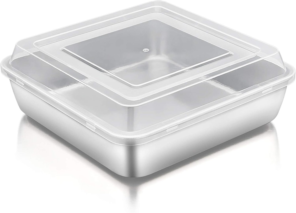 TeamFar Square Cake Pan with Lid (1 Pan & 1 Lid), 8 Inch Square Stainless Steel Baking Tray Cake Brownie Tin For Meal Prep Storage Transporting Food, Healthy & Sturdy, Dishwasher Safe