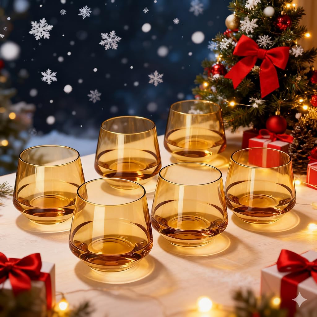 Amber Stemless Wine Glasses Set of 6 – 14oz Unique Amber Glassware for Wine, Water, Cocktails – Stylish Drinkware for Home Bar, Parties