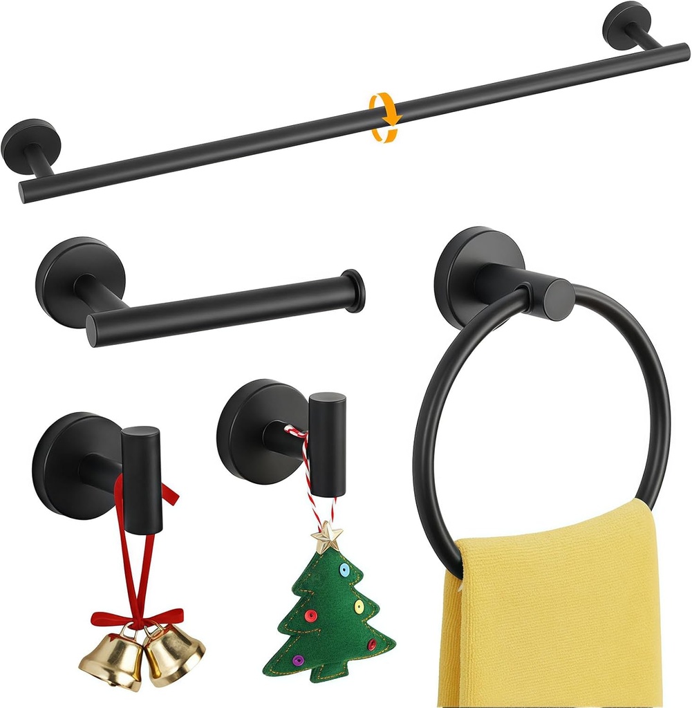 5-Piece Black Bathroom Hardware Set - 24 Inch Towel Bar, 2 Robe Towel Hooks, Toilet Paper Holder, Towel Ring, Wall Mounted Bathroom Accessories (Matte Black Finish)