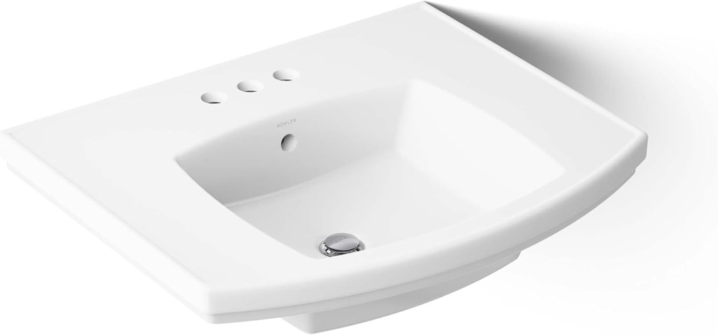 Kohler K24051-4-0 Kelston 24" Rectangular Vitreous China Pedestal Bathroom Sink with Overflow and 3 Faucet Holes at 4" Centers White