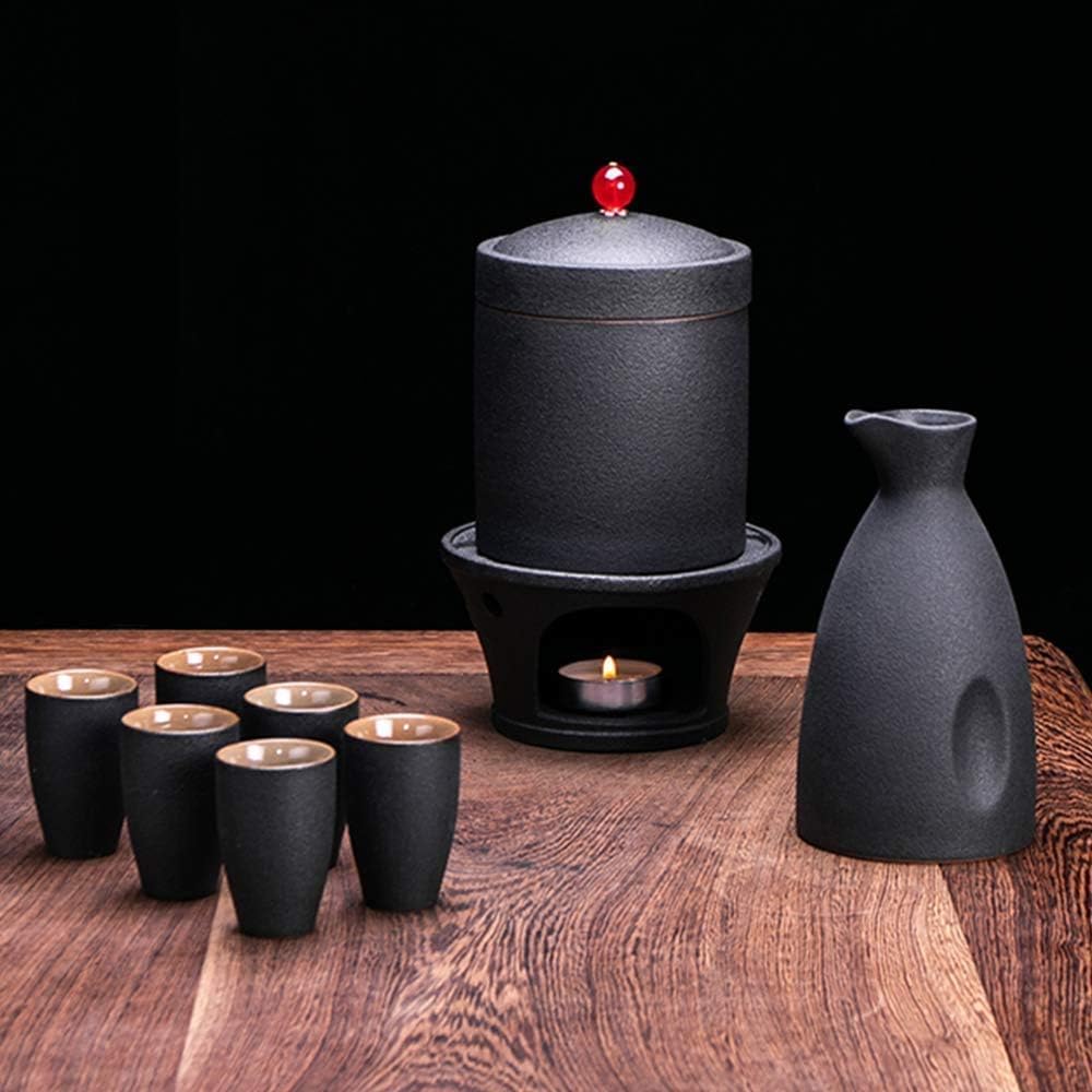 9-Piece Sake Set with Warmer, Black Ceramic Hot Sake Set Including 1Pc Candle Stove, 1Pc Warming Mug, 1Pc Sake Pot and 6Pcs Sake Cups