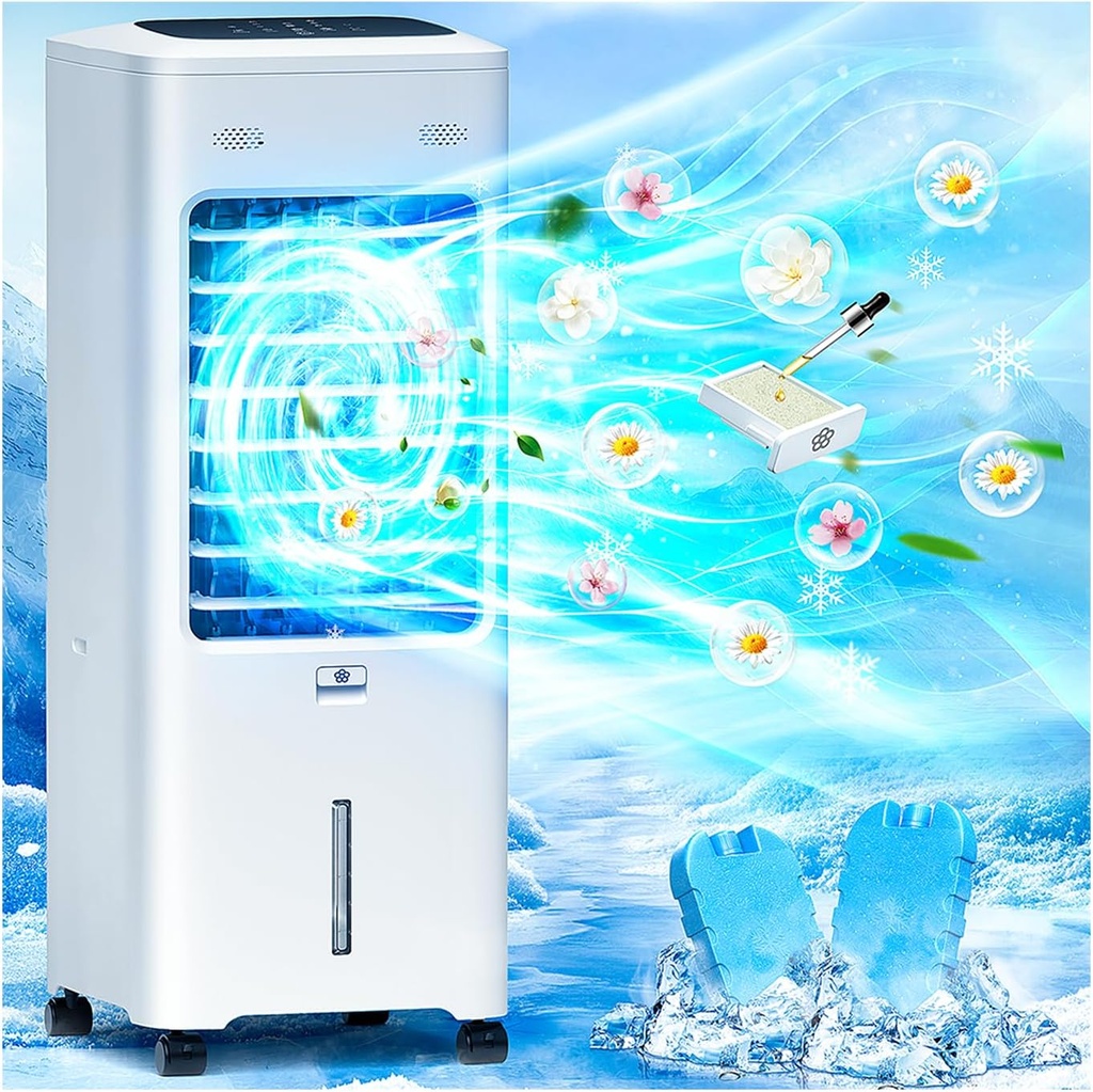 3 Gal Evaporative Air Cooler w/Aroma Box, 4IN1 Portable Swamp Cooler, Ductless&Ventless Windowless Air Conditioners for Room Indoor Bedroom Home Office, 3 Modes & 3 Speeds, 7H Timer, Remote