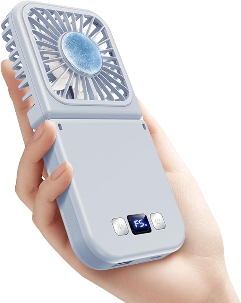 Handheld Portable Fan with Ice Cooler,6 in 1 7000mAh USB Rechargeable Foldable Personal Hand Held Fan,Power Bank, LED Display, 5+2 Speeds for Travel/Summer/Concerts/Lash, Gifts for Men Women