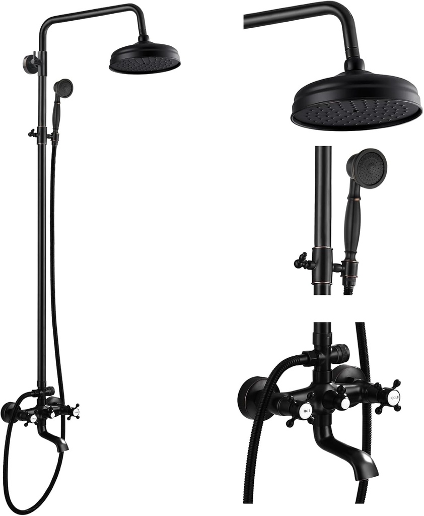 gotonovo Bathroom Shower Faucet Rain Mixer 8 Inch Round Shower Head Double Cross Handle with Tub Spout Wall Mount Bathroom Shower Fixtures 3 Function Metal Handheld Sprayer Oil Rubbed Bronze