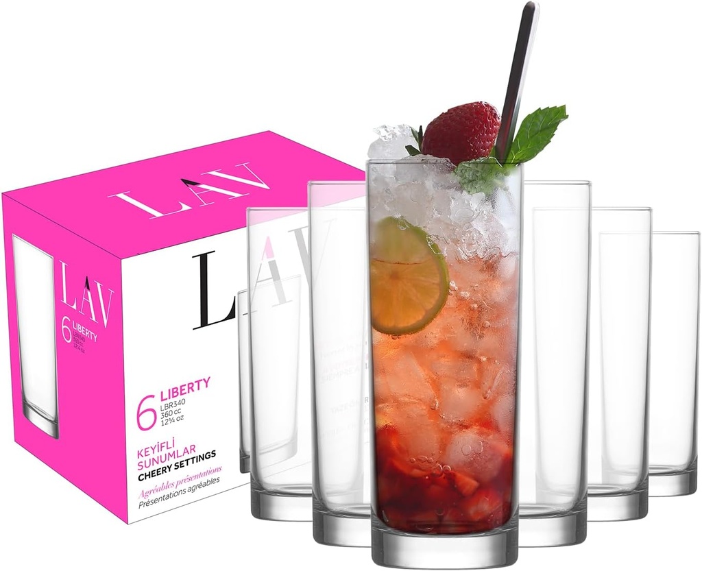 LAV Highball Glasses Set of 6 | Lead-Free Elegant Tall Glass, Tom Collins, Bar Beverage Glassware for Water, Mojito, Iced Coffee, Juice, Cocktail, Mixed Drinks, Restaurant, Drinking Cups | 12.2 oz