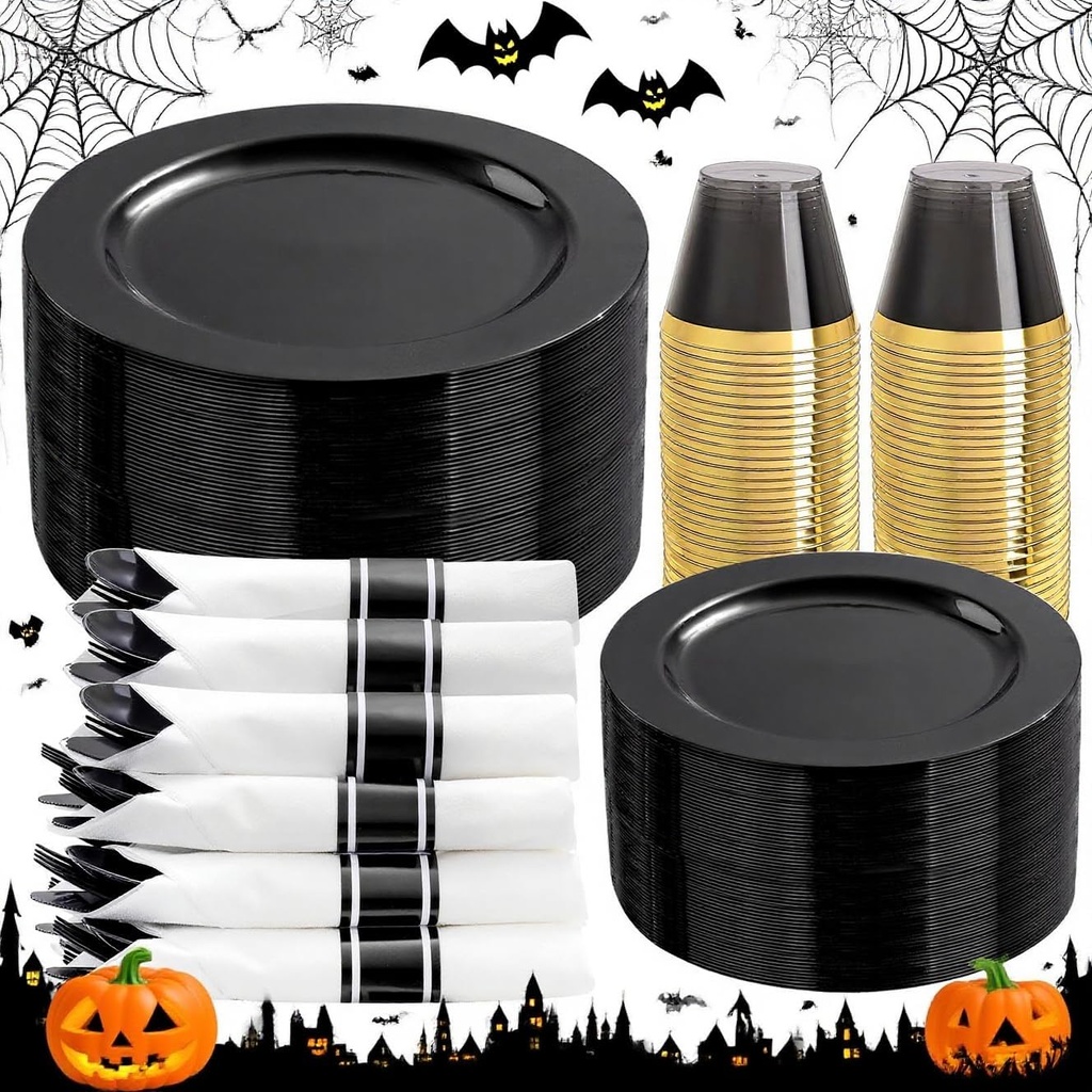 EI 350pcs Black Plastic Plates Disposable Heavy Duty Plastic Dinnerware Set Pre Silverware and Napkins Set Black and Gold Cups for Party Suit for Party,Event,Halloween,Thanksgiving,Christmas