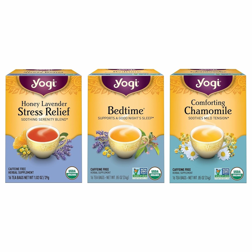 Yogi Tea Relaxation & Stress Relief Variety Pack - 16 Tea Bags per Pack (3 Packs) - Relaxing Tea Sampler - Includes Honey Lavender Stress Relief, Bedtime Tea & Comforting Chamomile