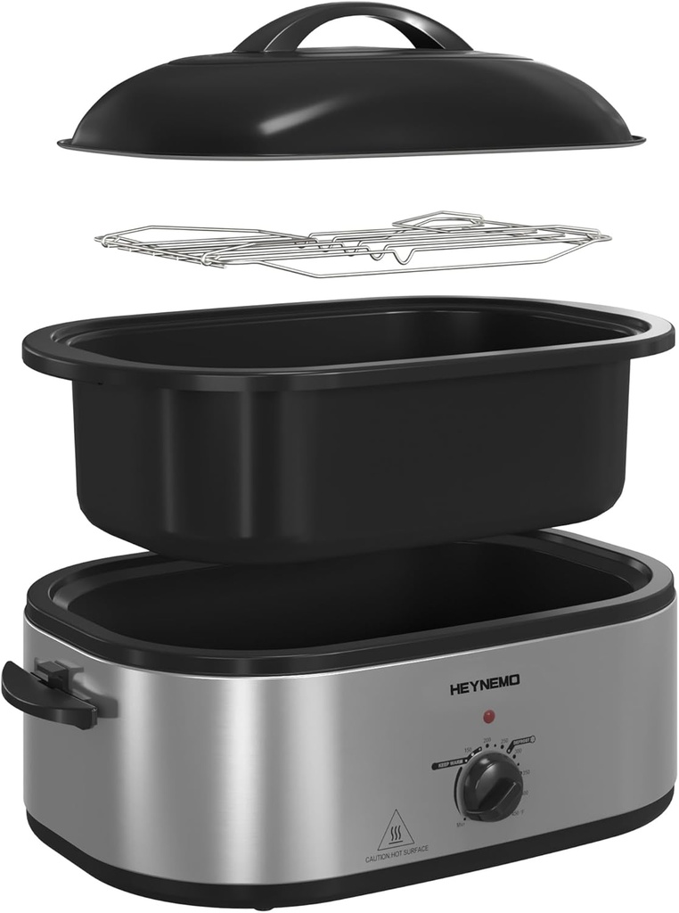 Turkey Roaster 20 Quart, Electric Roaster Oven with Self-Basting Lid, Removable Pan and Rack, Full-Range Temperature, Powerful 1450W Stainless Steel Roaster Oven, Silver