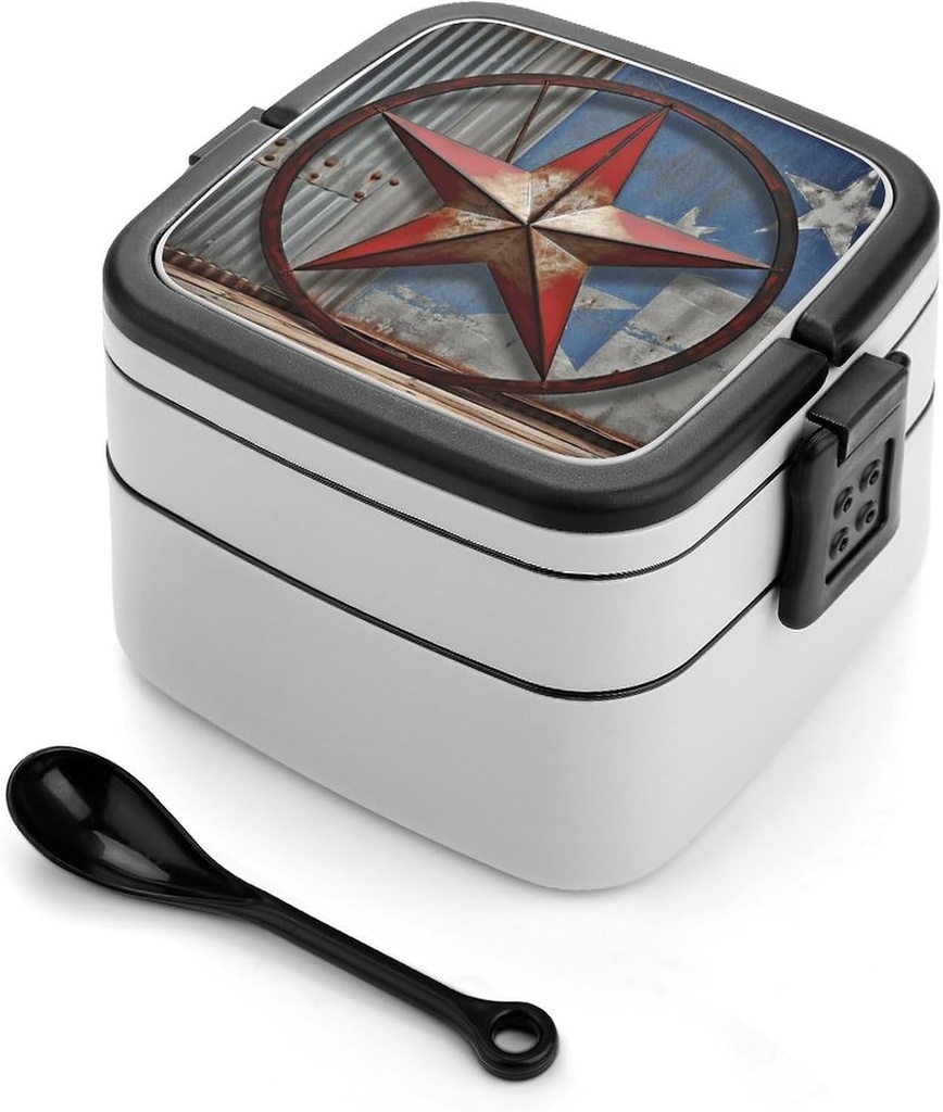 Stackable Double-Layer Bento Box American Wastern Texas Star Adults Lunchbox with Spoon Cute Japanese Bento Box Dishwasher Safe for Work Travel Dining Outc