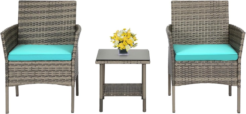 3 Pieces Outdoor Wicker Patio Furniture Conversation Set Patio Set Bistro Table Set for Backyard Porch Poolside Garden Balcony Lawn,Glass Coffee Table &RattanChairs Set,Grey and Blue Cushions