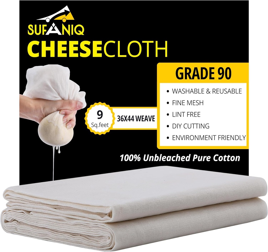 Sufaniq Cheese Cloths, Grade 90 (9 Sq Feet) 100% Pure Cotton Reusable Cheesecloth, Unbleached Ultra Fine Fabric, Cheesecloth for Straining, Premium Butter Muslin Cloth for Straining - 1 Sq Yard