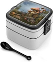 Stackable Double-Layer Bento Box Mushroom Garden Adults Lunchbox With Spoon Cute Japanese Bento Box Dishwasher Safe for Work Travel Dining Outc