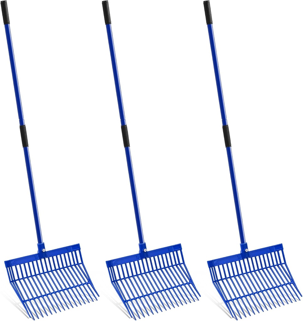 Lasnten 3 Sets Manure Fork with Long Metal Handle Pitch Fork Manure Rake Heavy Duty Muck Rake for Gardening Horse Stall Stable Grass Hay Cleaning Farm Work (Blue)
