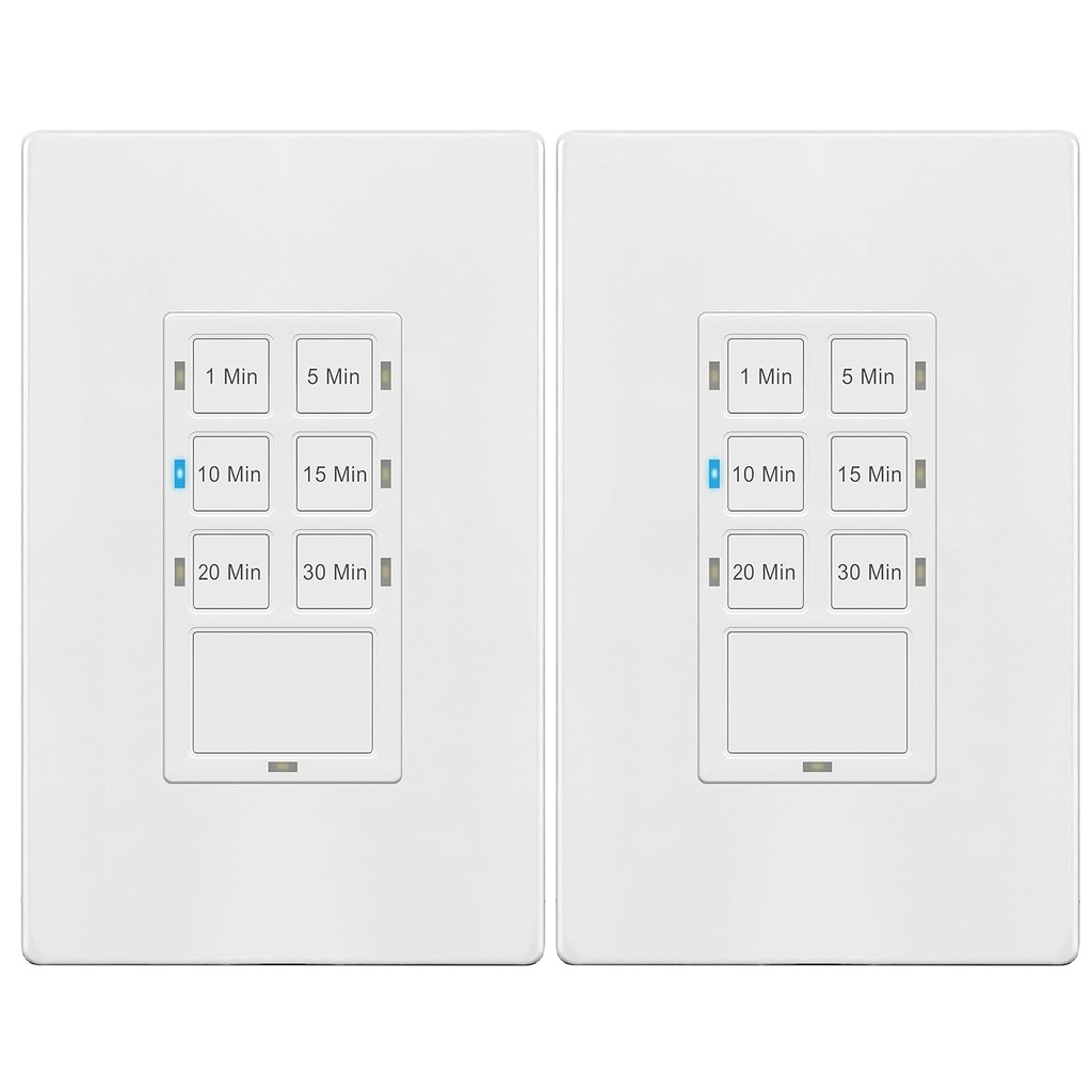 TG 30-Min Countdown Timer Switch for Bathroom Fans and Household Lights, 1-5-10-15-20-30 Min Settings with Manual Override, Always On Blue LED, Neutral Wire Required, UL Listed, White, 2 Pack