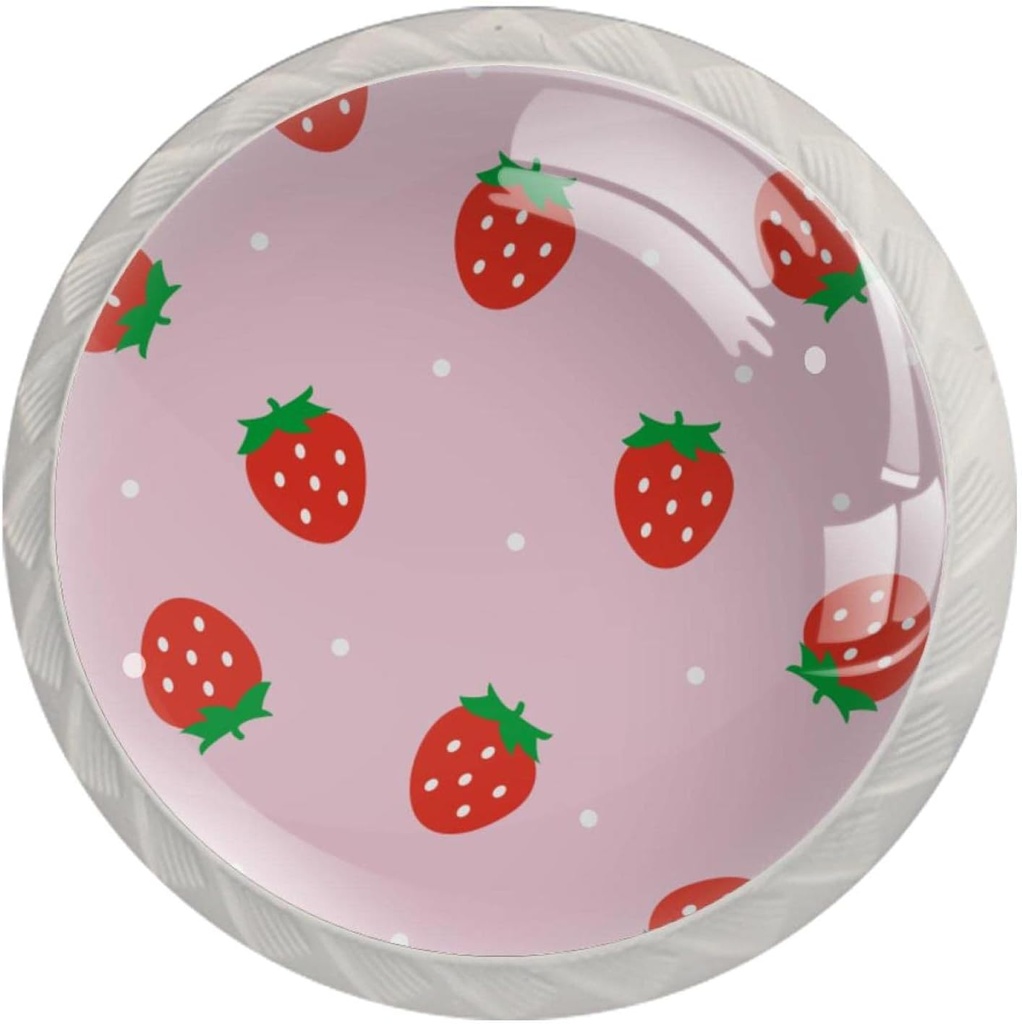Furniture Decorative Cabinet Drawer Pulls Handles,Kawaii Strawberry Pink Patterns Glass Round Knobs for Wardrobe Dresser Kitchen (4 Pack)