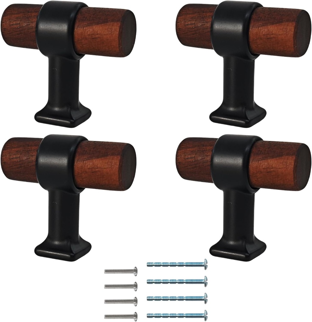 4Pcs 1.57” Walnut Wood Drawer Pulls, Single Hole Kitchen Cabinet Hardware Handles, Metal and Wooden Cabinet Knobs, T Bar Knob Pull Handles for Wardrobe, Dresser, Cupboard