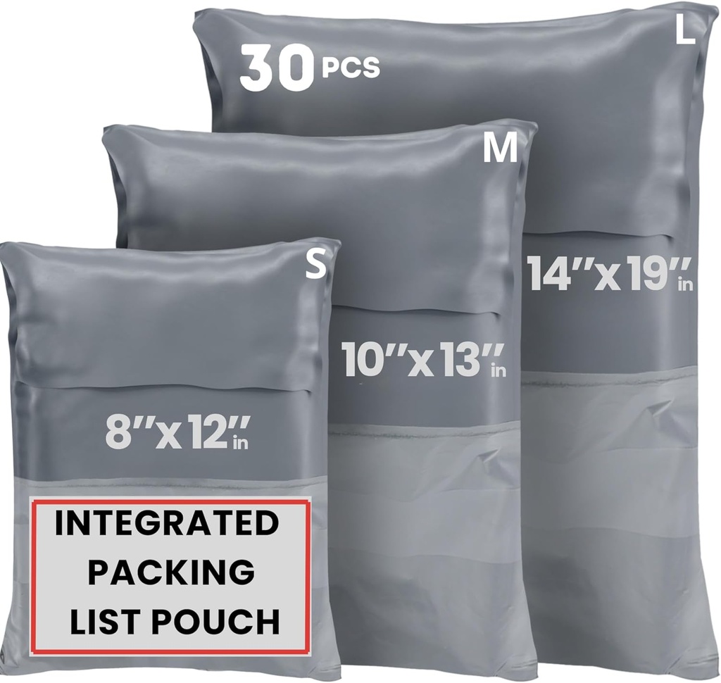 Poly Mailers Shipping Bags (30 Pack) — Self-Seal Plastic Mailing Envelopes, 3 Sizes incl. 8x12, poly mailers 10x13 & 14x19 — Tear & Water-Resistant Plastic Shipping Bags for Clothing Not Padded, Grey