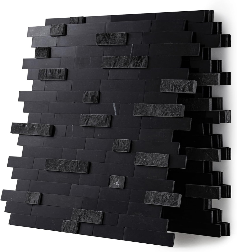 5-Sheet 3D Natural Stone Mosaic Tiles, 12"x11" Peel and Stick Backsplash, Mixed Black Self Adhesive Wall Tiles for Kitchen Bathroom Fireplace