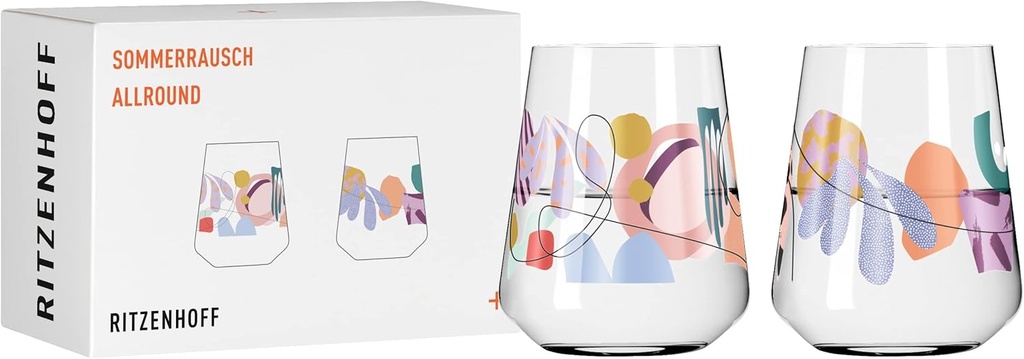 RITZENHOFF 2842001 Universal Glass Set of 2 500 ml Summer Rausch Allround No. 1 + 2 with Illustrations Colourful – Made in Germany