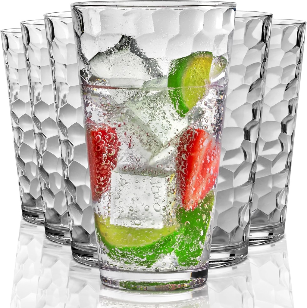 Hammered Plastic Drinking High Tumbler, Dishwasher-Safe Premium Quality Glasses, BPA-Free Reusable Outdoor Cups, 22 oz Set of 6