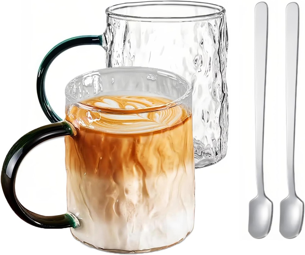 Glass Coffee Cups 10oz, Glass Coffee Mugs Set of 2, Glasses Drinking Set, Clear Coffee Mug with Handles for Espresso, Cappuccino, Latte, Americano, Tea Bag, Beverage