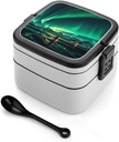 Dark Northern Lights Bento Box Double-Layer Bento Lunch Container with Spoon And Invisible Handle Adult Leak-Proof Lunchbox for Dining Out Work Picnics Travel