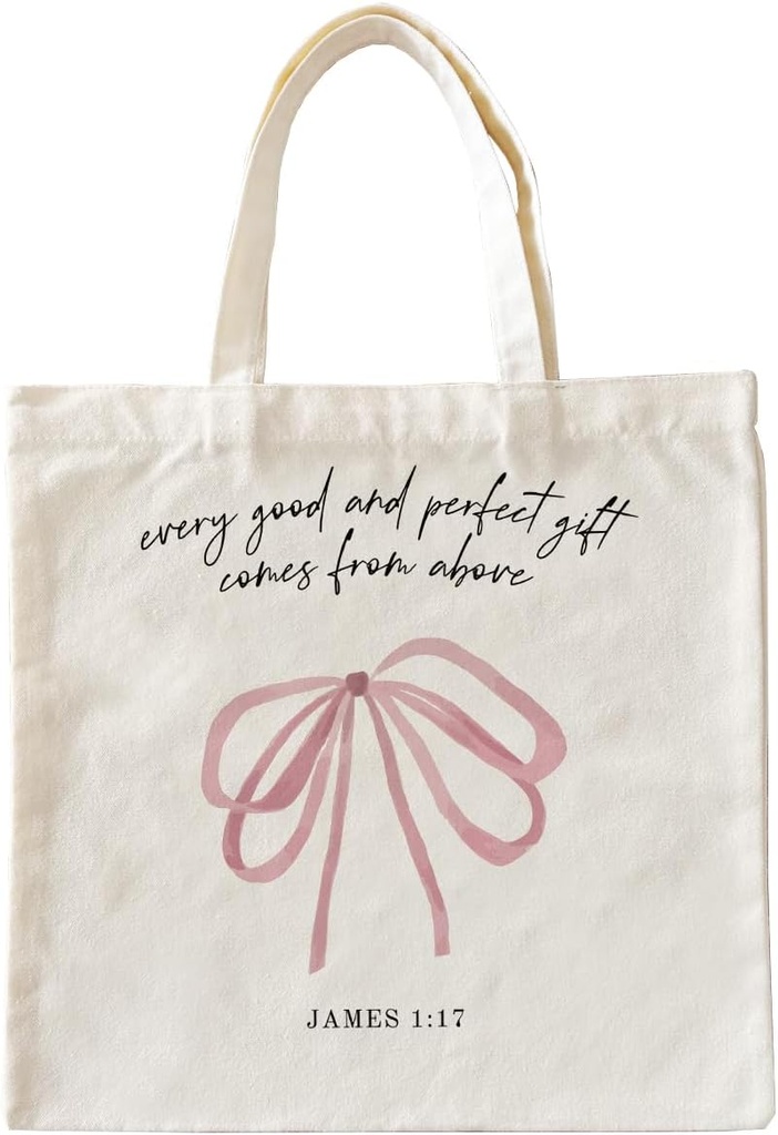 Pink Bows Coquette Preppy Canvas Tote Bag Aesthetic for Women, Bible Christian Tote Bags, Every Good and Perfect Comes from Above, Coquette Bag, Trendy Gifts for Women, Shopping Bags