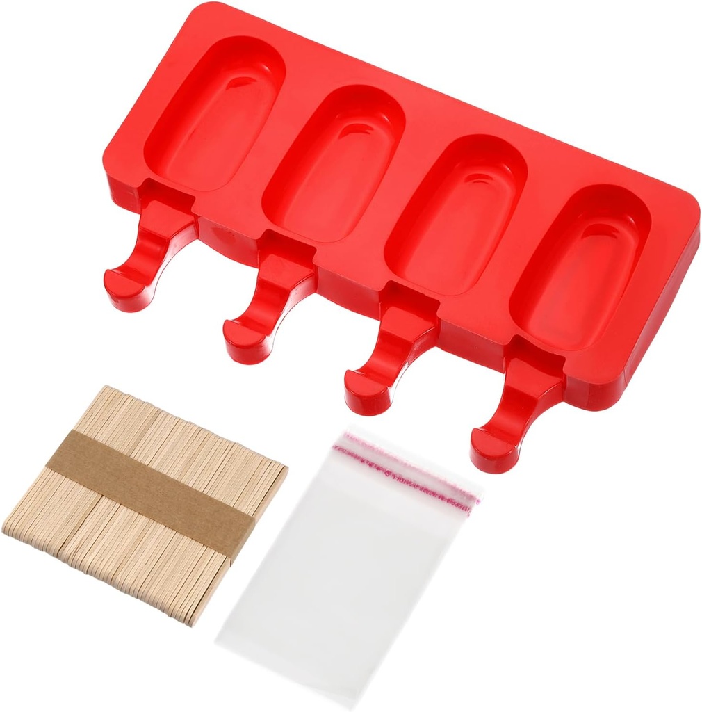 uxcell Ice Pops Molds, Silicone Ice Cream Molds with 50 Wooden Sticks Easy Release Ice Pops Maker for Ice Cube Making, Red