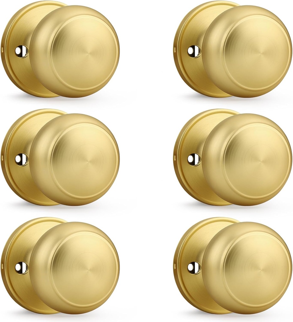 Probrico Gold Door Knob One Side 6 Pack, Fake Door Handles Dummy Function for Closet French Doors, Brushed Brass Finish Inactive Levers, Flat Ball Knob