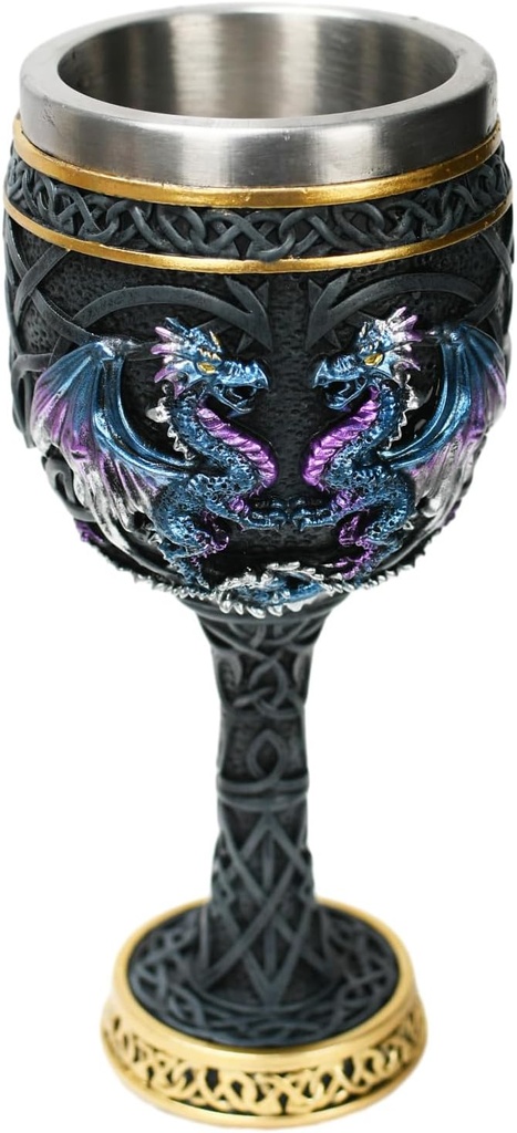 Bronze Dragon Goblet with Stainless Steel Cup, Dragon Wine Medieval Dungeons and Dragons Chalice, Dragon Gift Collectible - 7oz (Blue Dragon Cup)