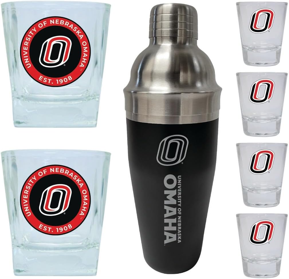 R and R Imports Nebraska at Omaha Officially Licensed Collegiate Barware Set – 7-Piece Cocktail & Whiskey Glass Gift Pack
