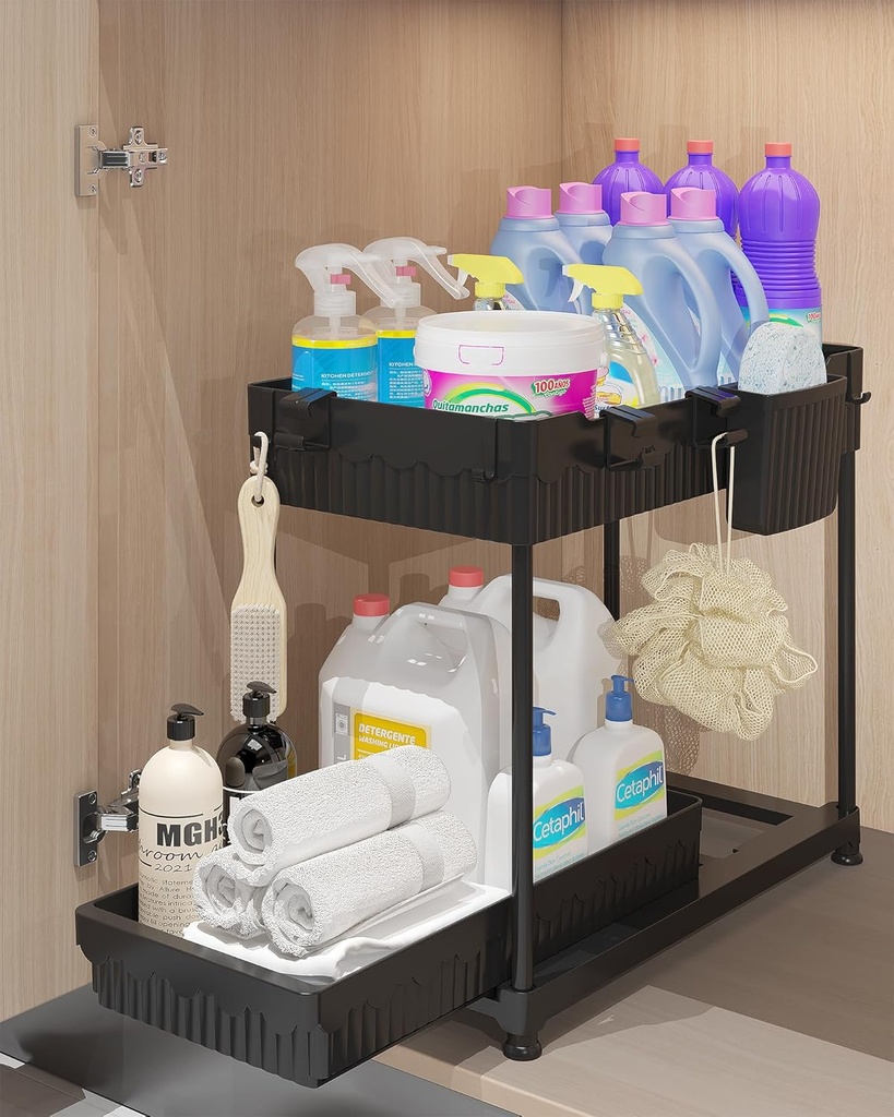 4-Pack Under Sink Organizer, 2-Tier Multi-Use Pull Out Kitchen Bathroom Organizers and Storage with Sliding Drawer, Cabinet Organizer with 2 Hanging Cups and Multi-type Hooks (Black-One Min, 3 Pack)