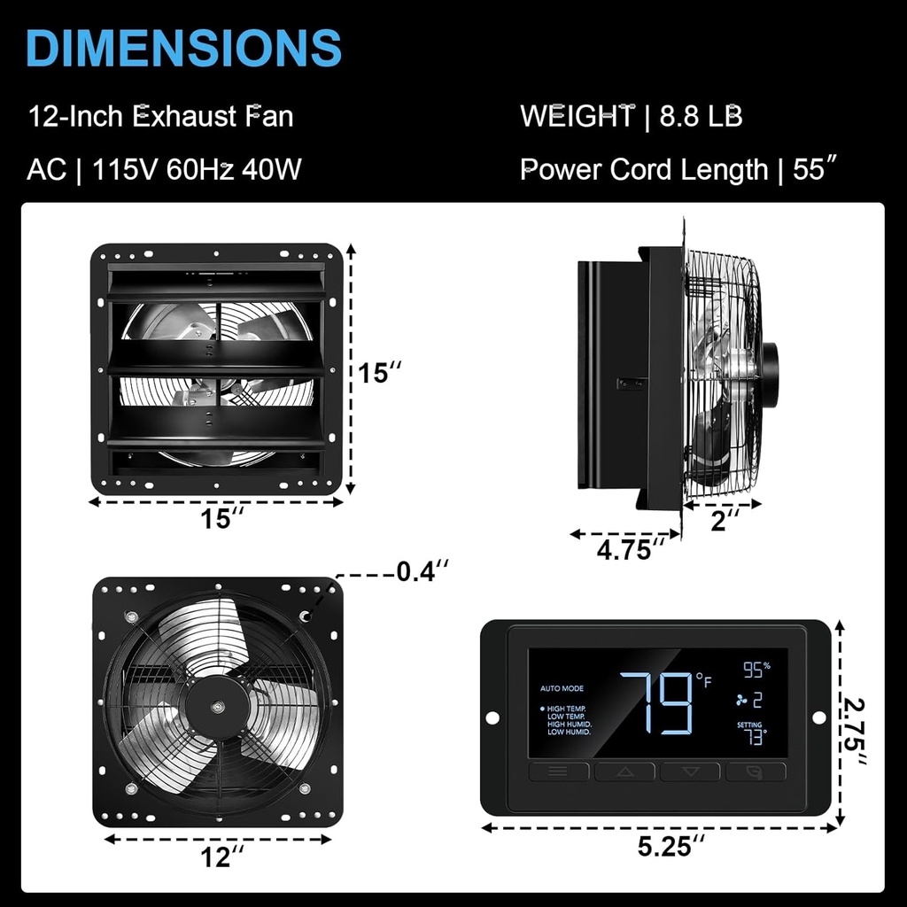 iPower Shutter Exhaust Fan, 12-inch with Temperature Humidity Controller – Wall Mount Ventilation and Cooling for Sheds, Attics, Workshops,2-Pack