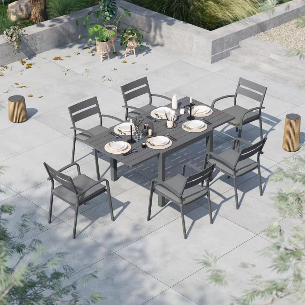 Soleil Jardin 7-Piece Outdoor Patio Dining Set, 35" - 71" Aluminum Expandable Outdoor Dining Table Set for 6, 6 Stackable Chairs with Gray Removable Cushions, Dark-Grey