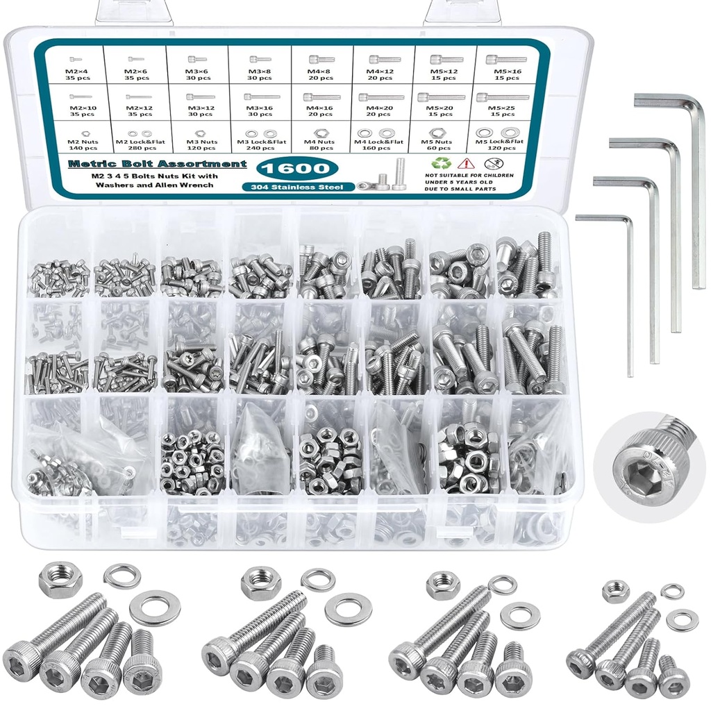 1600Pcs Metric Screw Assortment,M2 M3 M4 M5 Metric Bolt Assortment,304 Stainless Steel Metric Machine Screws,Hex Socket Head Cap Screws Nuts and Bolts Assortment Kit with Flat & Lock Washers