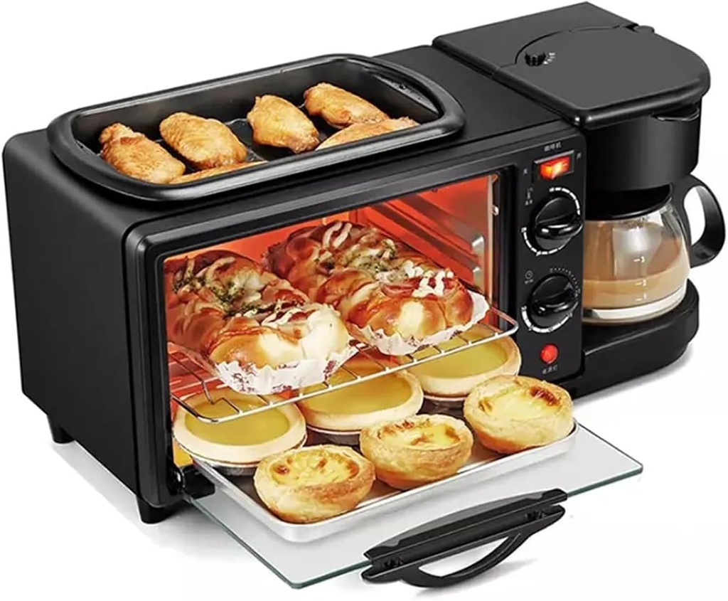 3-in-1 Breakfast Machine: 1250W Electric Breakfast Coffee Maker, 9L Toaster, Multi-Function Sandwich Maker, and Frying Pan Included.