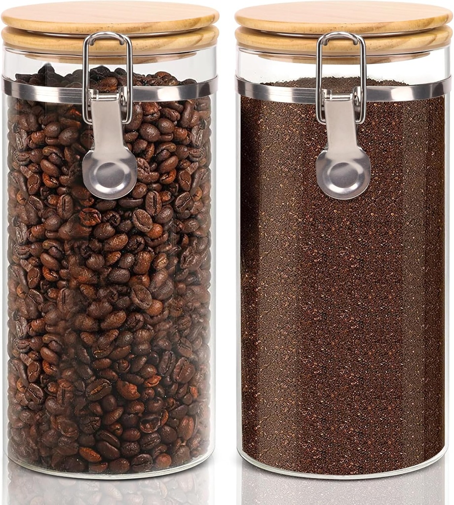 Glass Storage Jars Set Elegant Containers with Airtight Bamboo Lids, Perfect for Kitchen Organization - Flour, Rice, Pasta, Sugar, Coffee Beans, Accessories Included (Coffee Jar x 2)