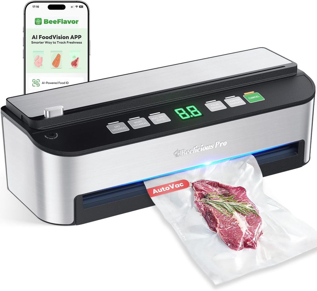 PressFree TRUE-Auto Vacuum Sealer Machine, Beelicious 85KPA Fully Automatic 8-IN-1 Food Sealer with Bags Storage, Build-in Cutter, Digital Countdown | Sous Vide | Moist Mode and Air Suction Hose