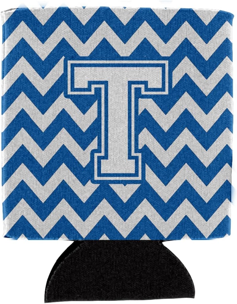 Caroline's Treasures CJ1045-TCC Letter T Chevron Blue and White Can or Bottle Hugger Cooler Washable Drink Sleeve Collapsible Beverage Insulated Holder, Can Hugger, Multicolor