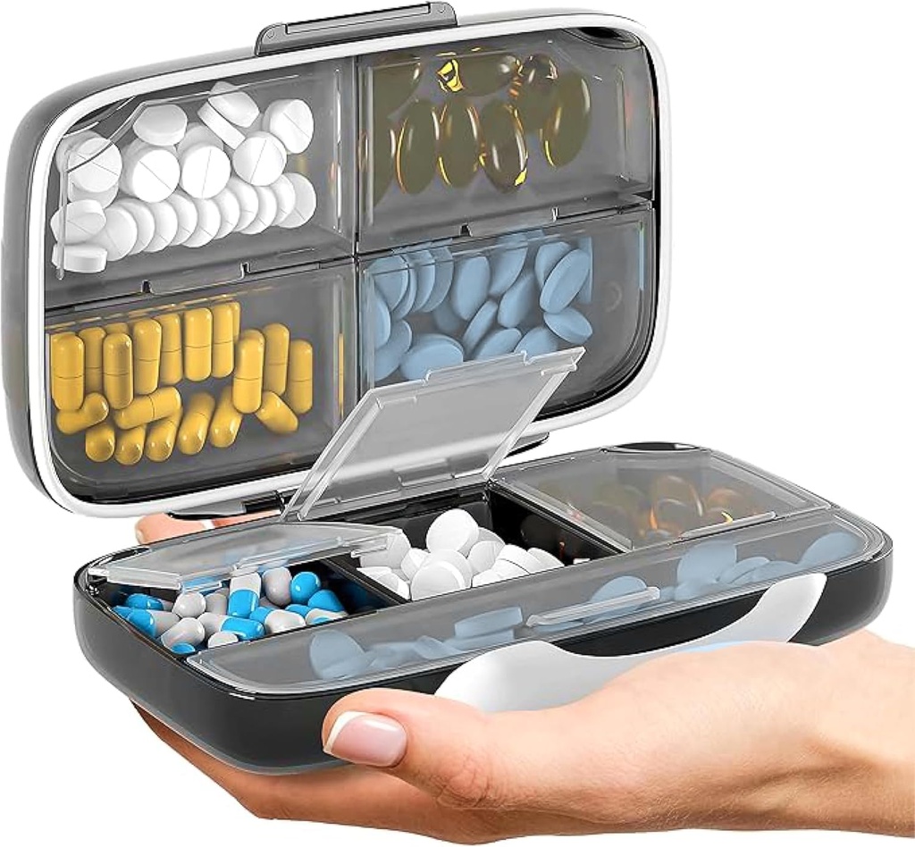 Travel Pill Organizer - Airtight Medicine Case for Traveling Portable Pharmacy Box with Labels Vitamin Container 8 Compartment Supplement Medication Holder Large Capacity Daily (Black)