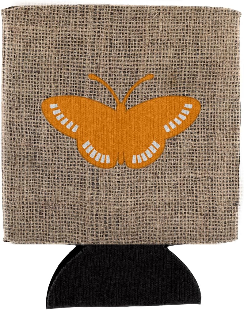 Caroline's Treasures BB1031-BL-OR-CC Butterfly Burlap and Orange BB1031 Can or Bottle Hugger Cooler Washable Drink Sleeve Collapsible Beverage Insulated Holder, Can Hugger, Multicolor